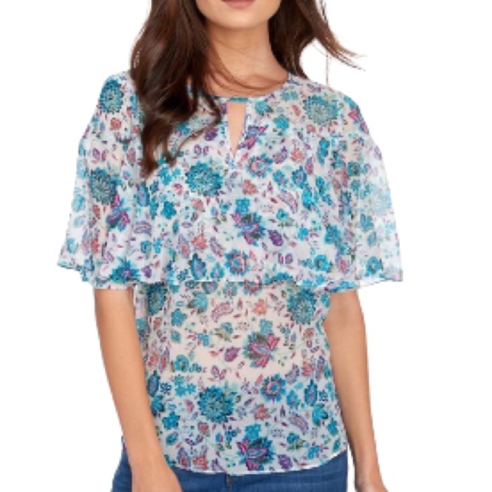 Vintage America Blues Sheer Ruffle Sleeve Floral Keyhole Blouse Size L